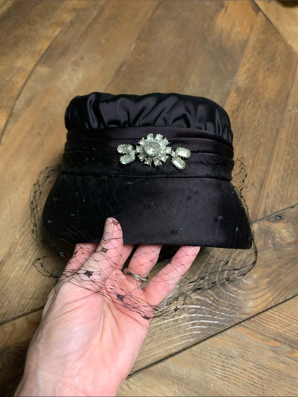 Vintage cherry black satin hat with rhinestone accent - Picture 2 of 6